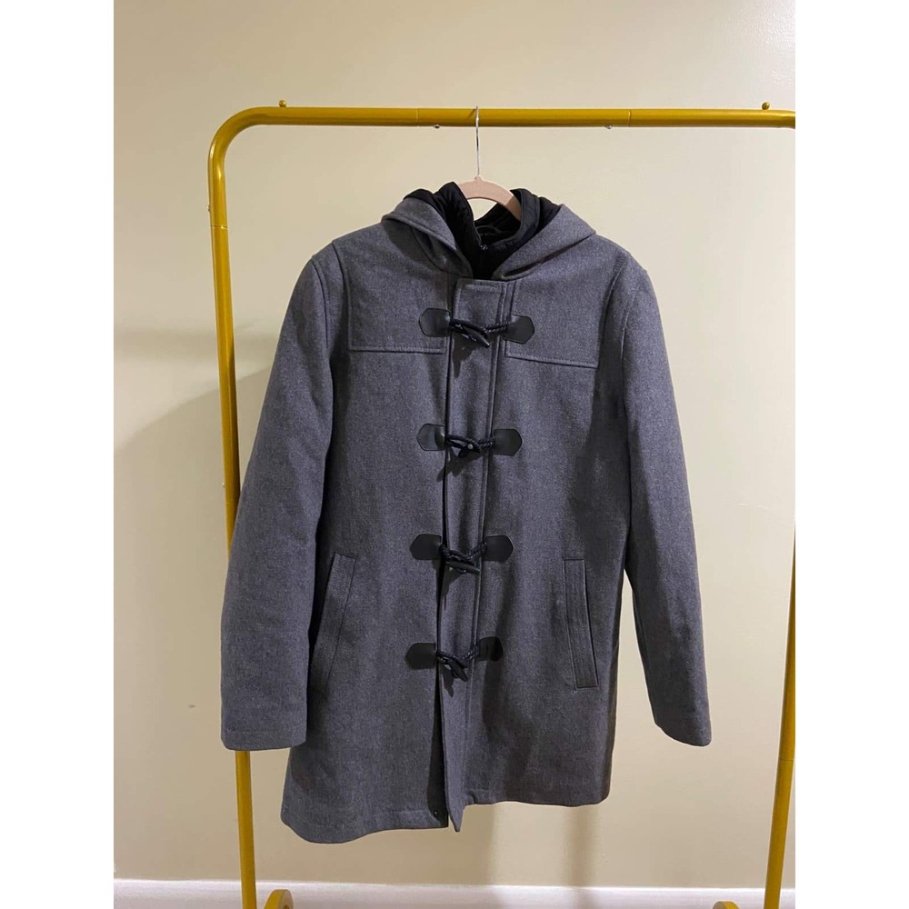 Guess Mens Grey Wool Blend Duffle Coat Hooded Zip Out Bib Jacket L 117AB718